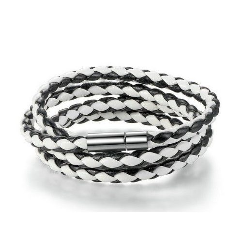 Zapletaný trojitý kožený náramok, čierno-biely