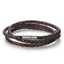 Zapletaný trojitý kožený náramok, čierno-hnedý