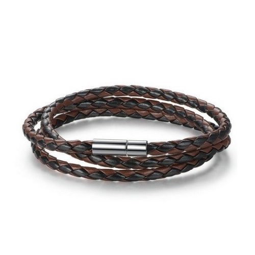 Zapletaný trojitý kožený náramok, čierno-hnedý