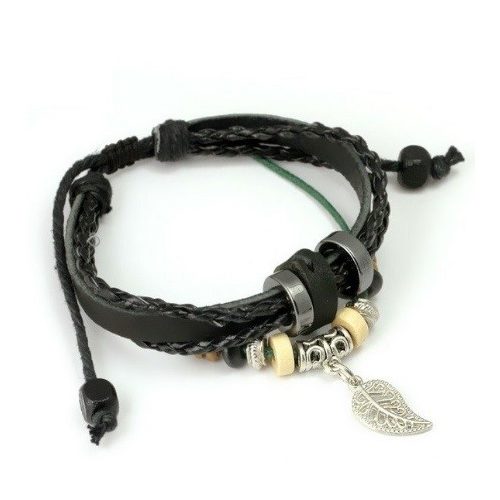 Kožený náramok s príveskom, drevený list