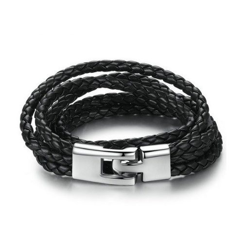 Pletený šesť kožený náramok, čierny
