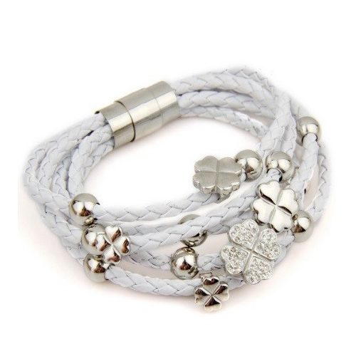 Pletený kožený náramok s ďatelinovým vzorom, biela