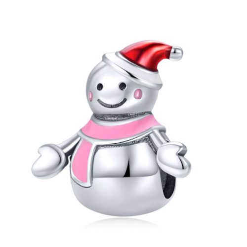 Ezüst charm, hóember piros sapkával