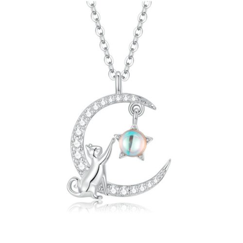 Ezüst női nyaklánc, macska csillaggal és holddal