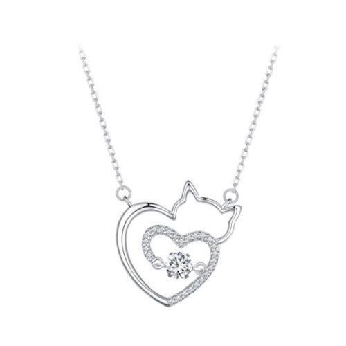 Ezüst női nyaklánc, macska szívvel